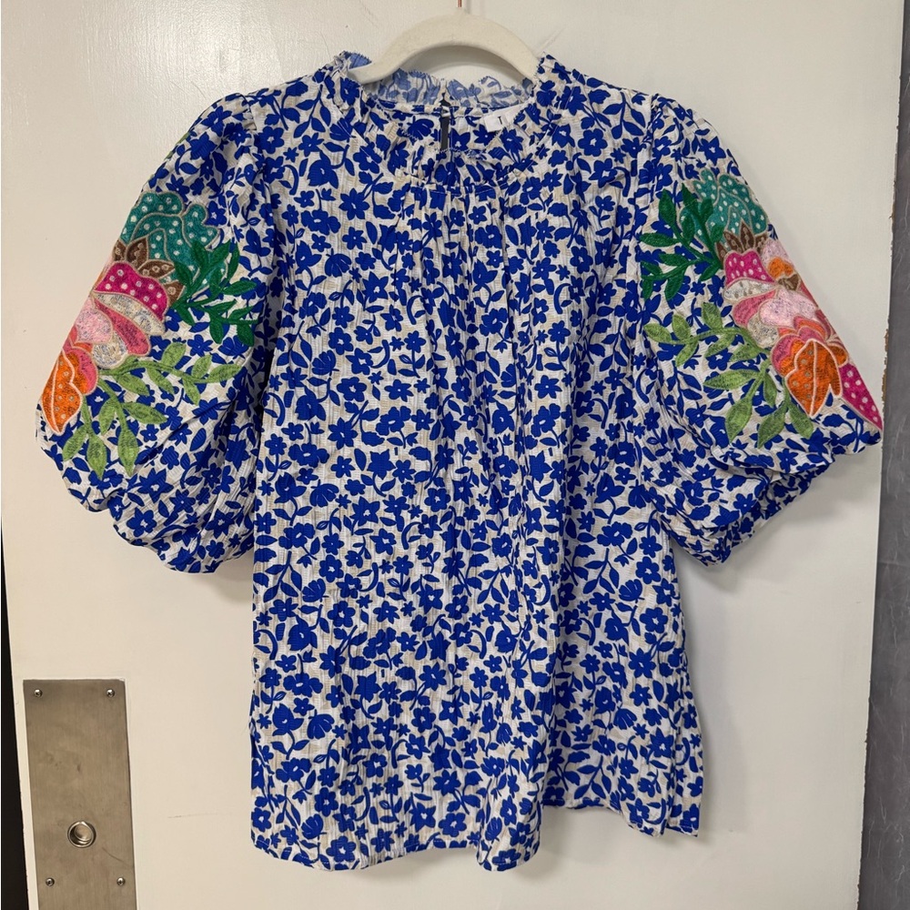 THML Blue and White Floral Blouse with Multicolor Embroidery